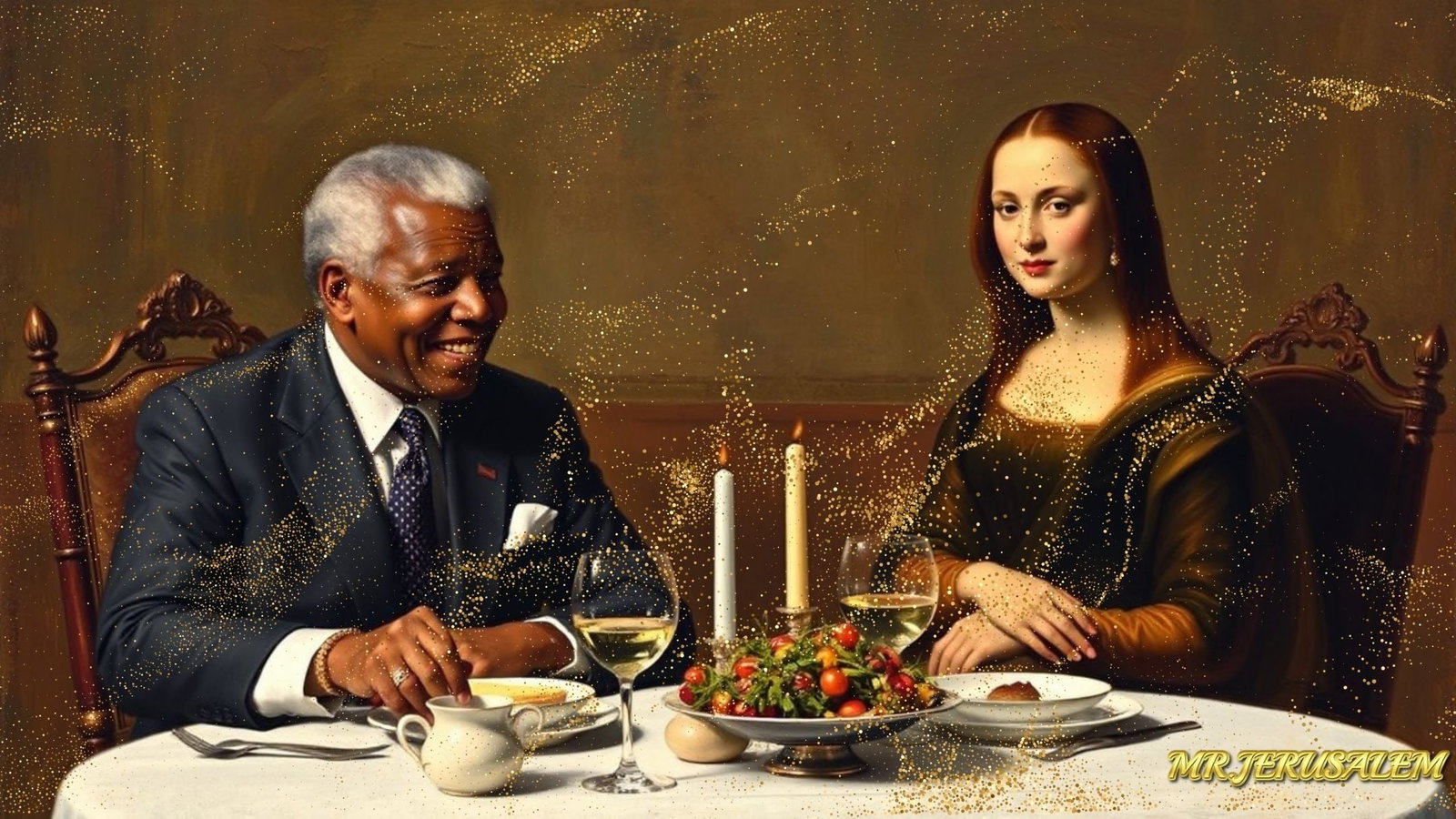 Nelson Mandela - Dinner With Mona Lisa-D1, Limited Edition of 50 Pieces, Signed & Numbered: Please note the images you see here for the artworks is protected with artist name in gold & gold glitter watermark. The original artworks will be unique and one-of-a-kind, hand painted with glue