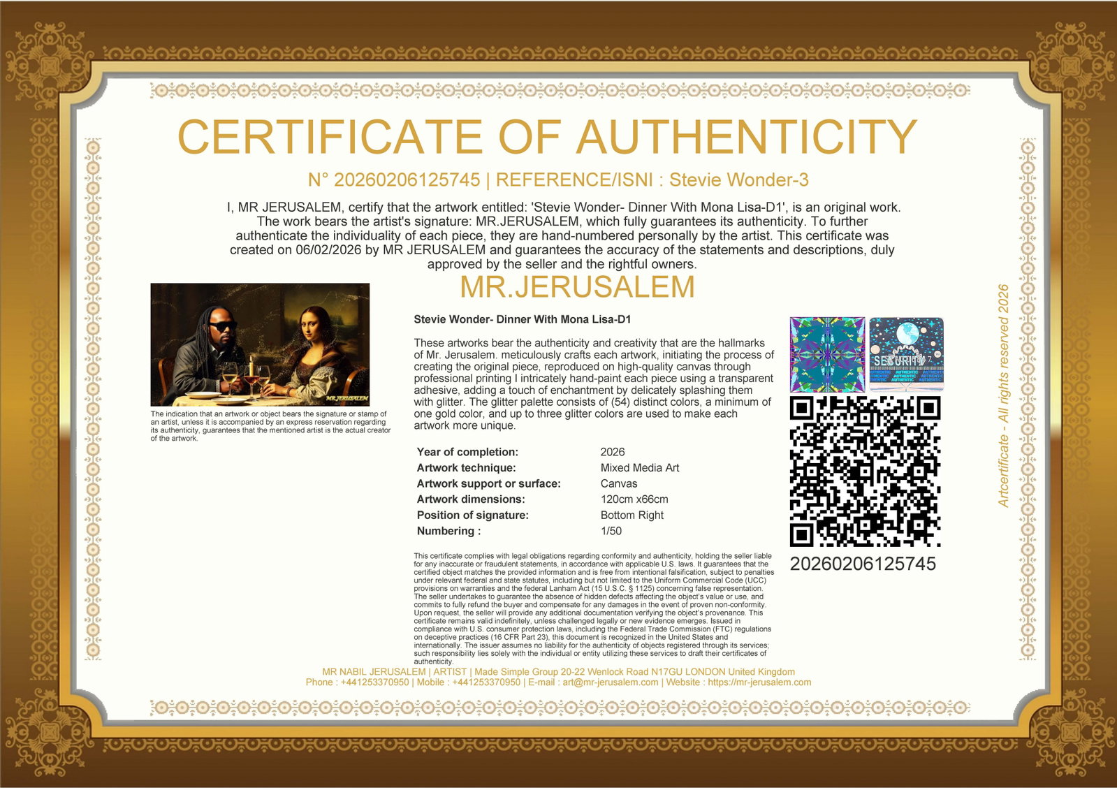 Stevie Wonder - Dinner With Mona Lisa-D1, Limited Edition of 50 Pieces, Signed & Numbered - 3