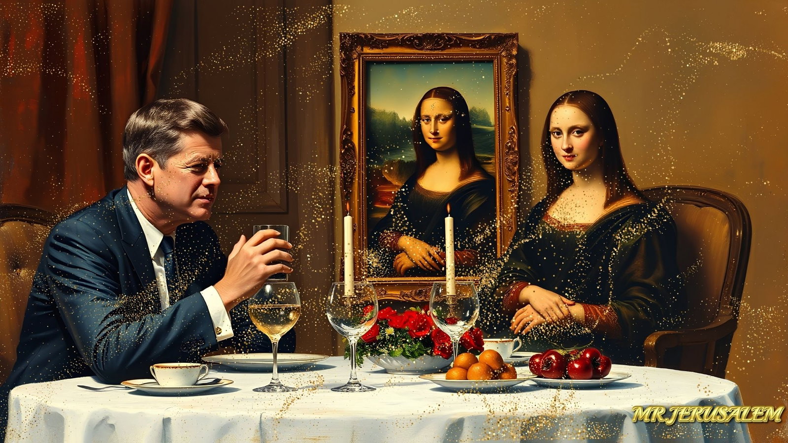 John F. Kennedy - Dinner With Mona Lisa-D1, Limited Edition of 50 Pieces, Signed & Numbered: Please note the images you see here for the artworks is protected with artist name in gold & gold glitter watermark. The original artworks will be unique and one-of-a-kind, hand painted with glue