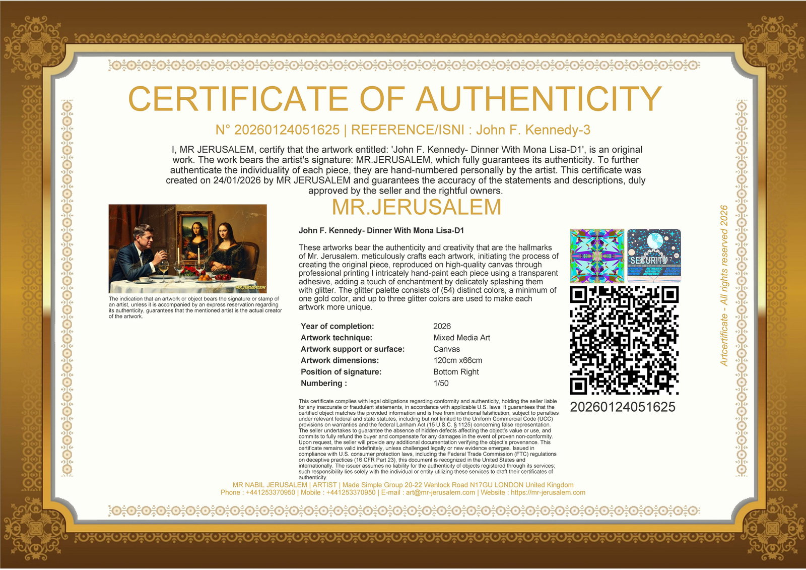 John F. Kennedy - Dinner With Mona Lisa-D1, Limited Edition of 50 Pieces, Signed & Numbered - 3