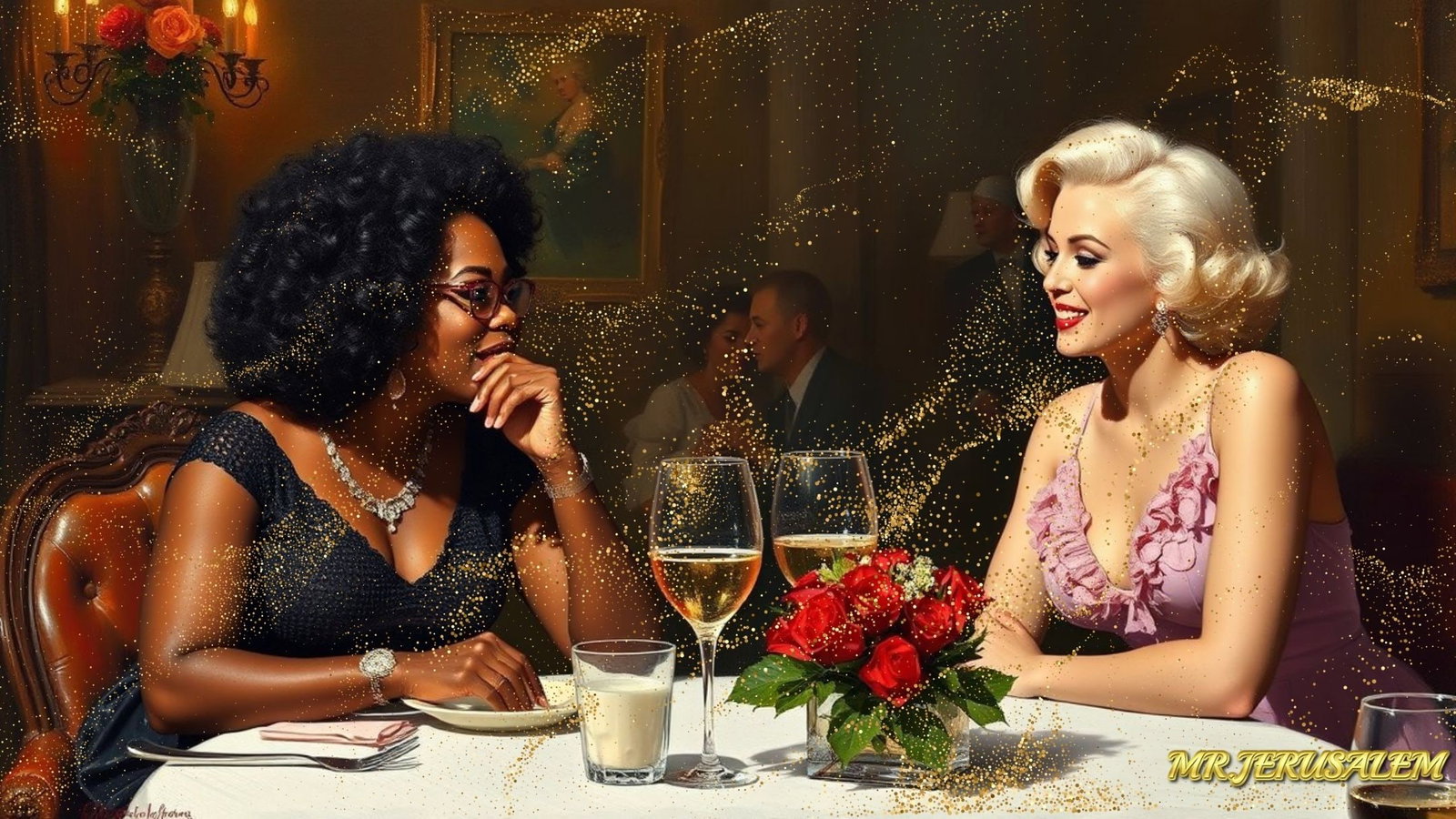 Oprah Winfrey - Dinner With Marilyn Monroe-D2, Limited Edition of 50 Pieces, Signed & Numbered: Please note the images you see here for the artworks is protected with artist name in gold & gold glitter watermark. The original artworks will be unique and one-of-a-kind, hand painted with glue