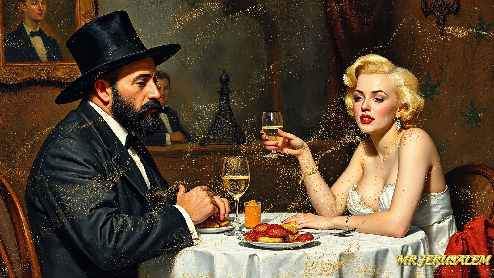 Paul Cezanne - Dinner With Marilyn Monroe-D1, Limited Edition of 50 Pieces, Signed & Numbered: Please note the images you see here for the artworks is protected with artist name in gold & gold glitter watermark. The original artworks will be unique and one-of-a-kind, hand painted with glue