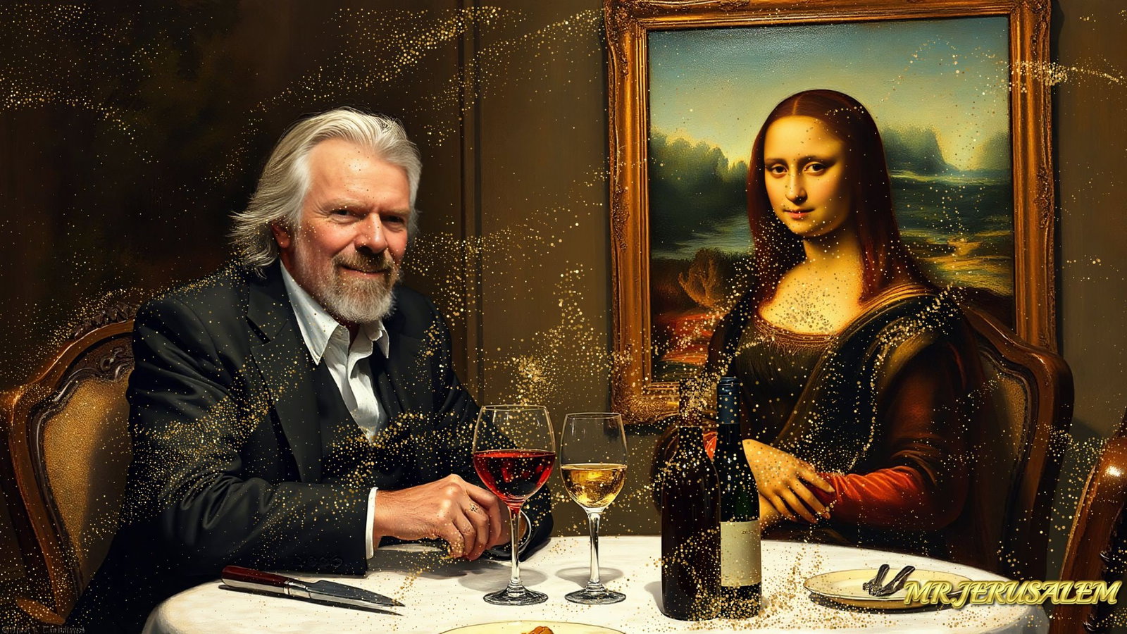 Richard Branson - Dinner With Mona Lisa-D1, Limited Edition of 50 Pieces, Signed & Numbered: Please note the images you see here for the artworks is protected with artist name in gold & gold glitter watermark. The original artworks will be unique and one-of-a-kind, hand painted with glue