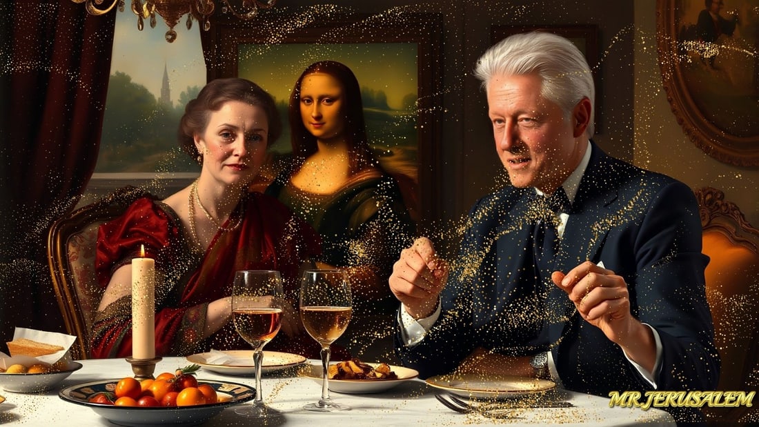 Bill Clinton - Dinner With Mona Lisa- D2, Limited Edition of 50 Pieces, Signed & Numbered: Please note the images you see here for the artworks is protected with artist name in gold & gold glitter watermark. The original artworks will be unique and one-of-a-kind, hand painted with glue 