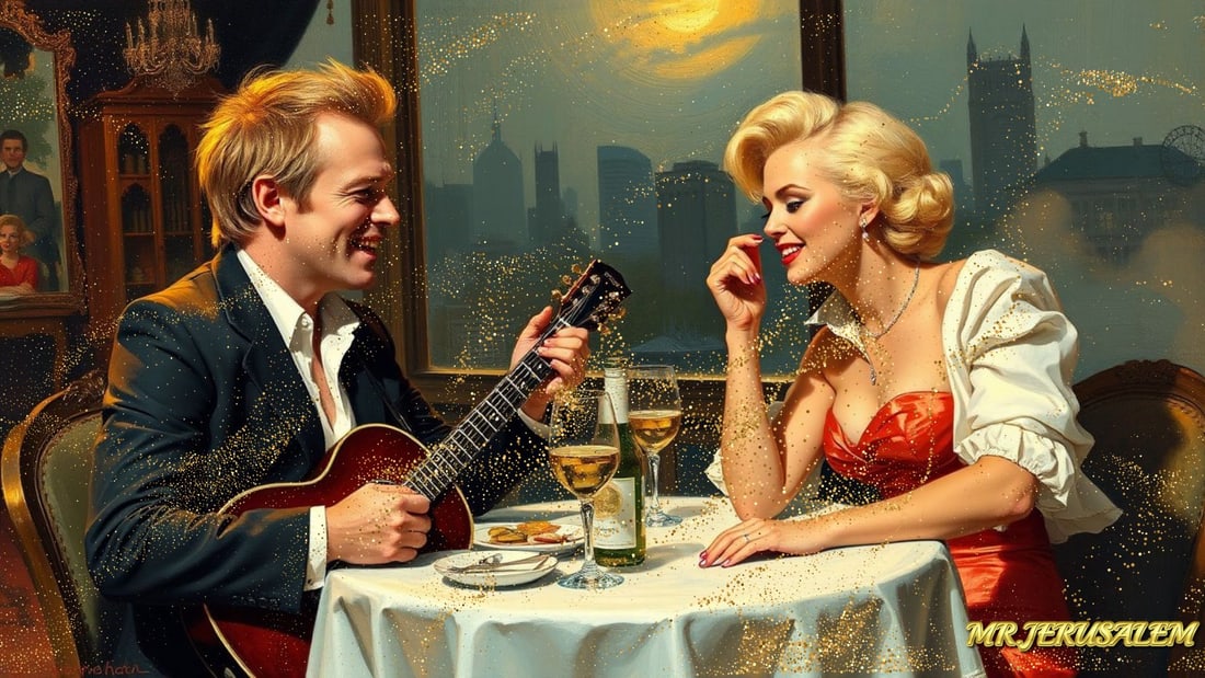 Sting - Dinner With Marliyn Monroe-D2, Limited Edition of 50 Pieces, Signed & Numbered: Please note the images you see here for the artworks is protected with artist name in gold & gold glitter watermark. The original artworks will be unique and one-of-a-kind, hand painted with glue