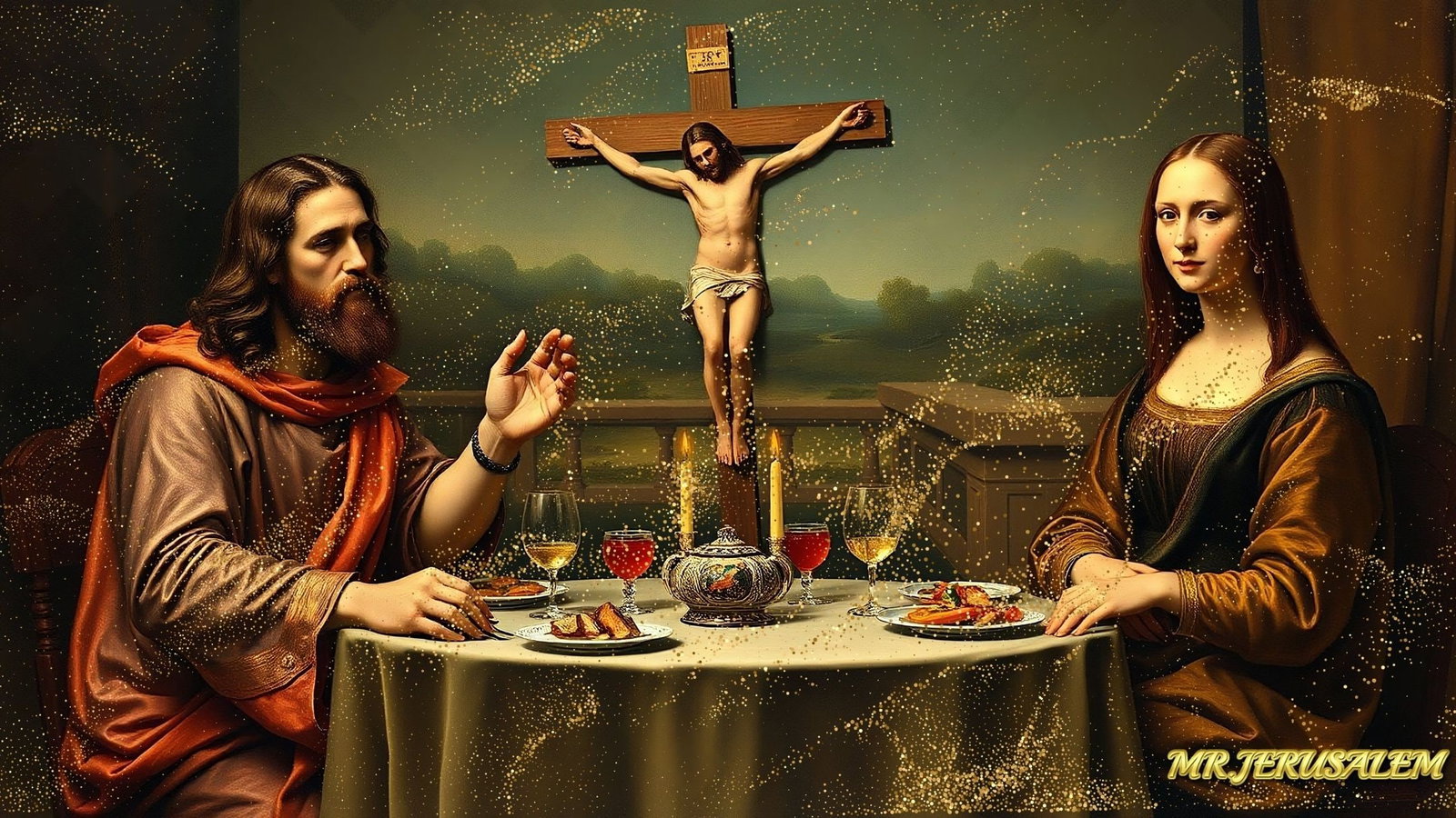 Jesus Christ - Dinner With Mona Lisa-D1, Limited Edition of 50 Pieces Signed & Numbered: Please note the images you see here for the artworks is protected with artist name in gold & gold glitter watermark. The original artworks will be unique and one-of-a-kind, hand painted with glue