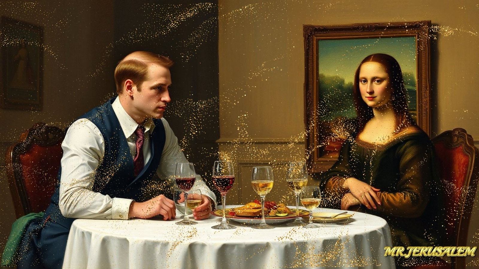 Prince William - Dinner With Mona Lisa-D1, Limited Edition of 50 Pieces, Signed & Numbered: Please note the images you see here for the artworks is protected with artist name in gold & gold glitter watermark. The original artworks will be unique and one-of-a-kind, hand painted with glue