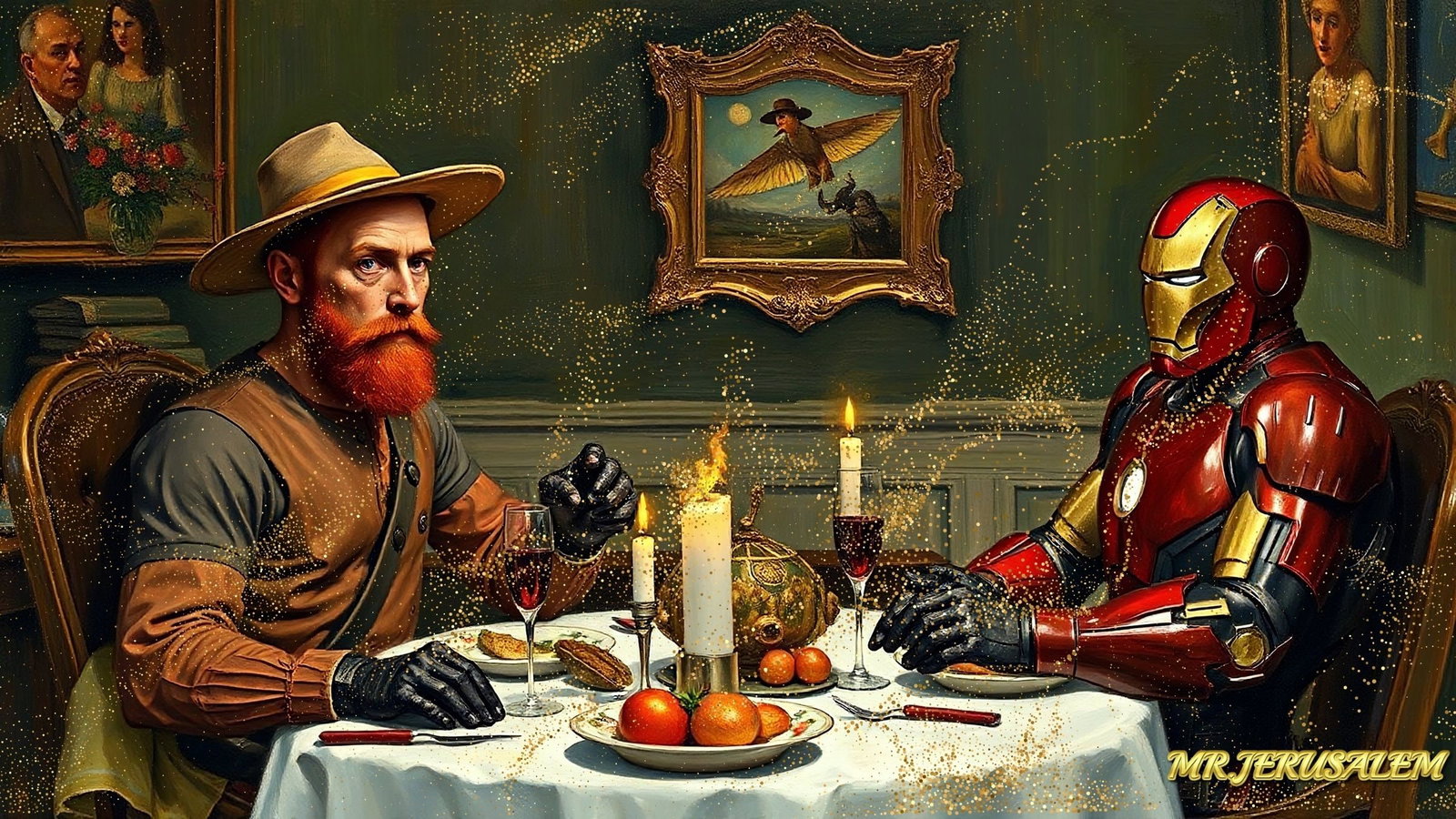 Vincent Van Gogh Dinner With Ironman, Canvas Mixed Media, Limited Edition of 50 Pieces: Please note the images you see here for the artworks is protected with artist name in gold & gold glitter watermark. The original artworks will be unique and one-of-a-kind, hand painted with glue