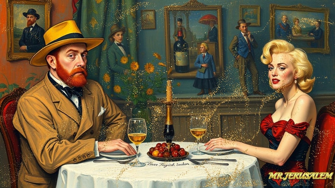 Vincent Van Gogh - Dinner With Marliyn Monroe-D1, Limited Edition of 50 Pieces, Signed & Numbered: Please note the images you see here for the artworks is protected with artist name in gold & gold glitter watermark. The original artworks will be unique and one-of-a-kind, hand painted with glue 