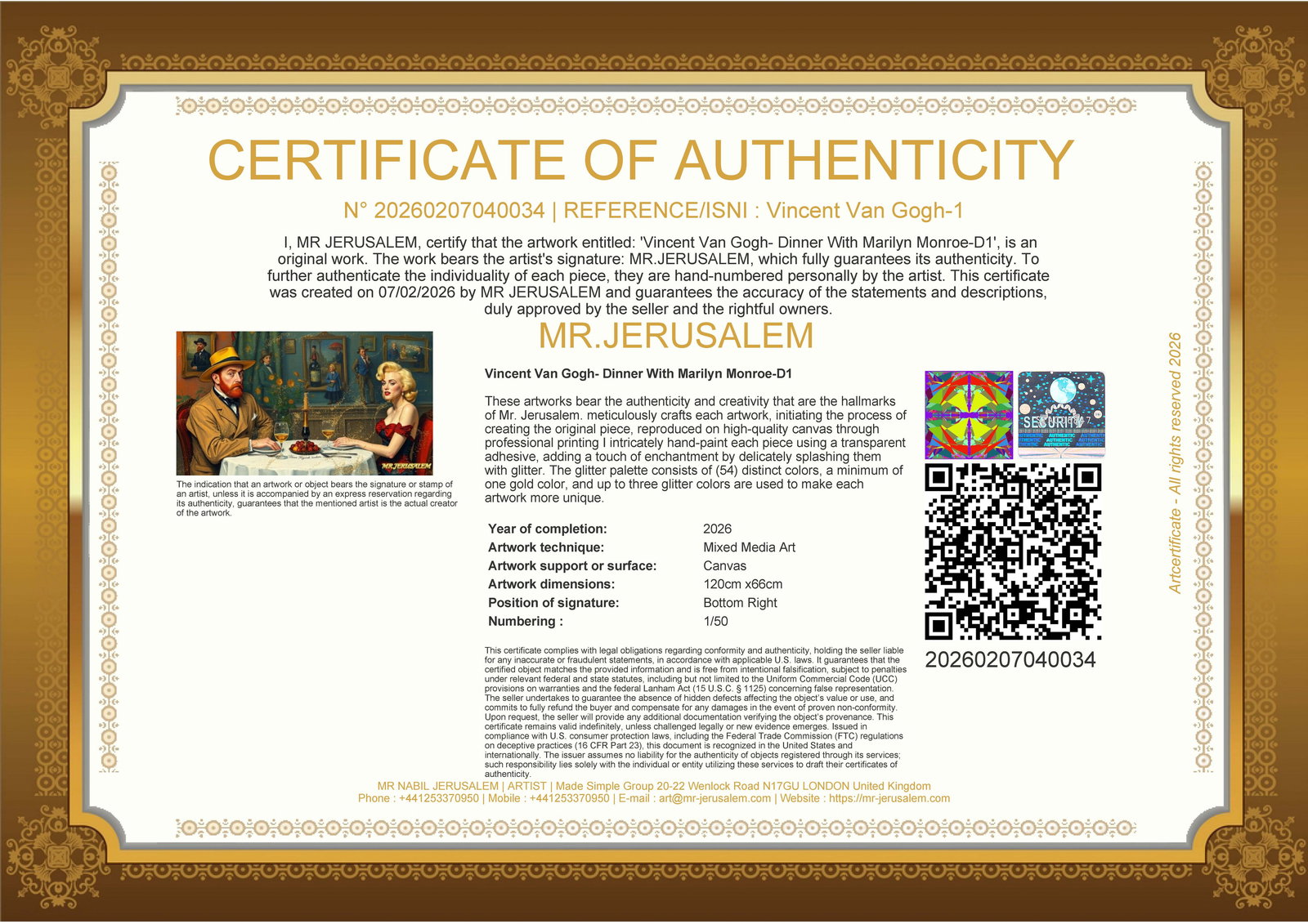 Vincent Van Gogh - Dinner With Marliyn Monroe-D1, Limited Edition of 50 Pieces, Signed & Numbered - 3