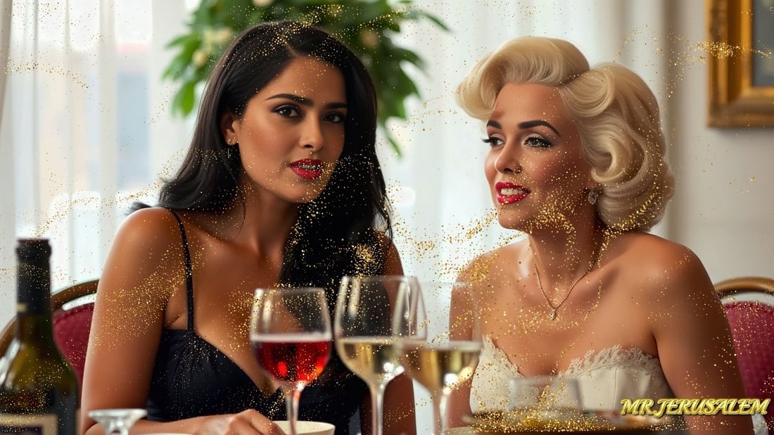 Salma Hayek - Dinner With Marliyn Monroe-D2, Limited Edition of 50 Pieces, Signed & Numbered: Please note the images you see here for the artworks is protected with artist name in gold & gold glitter watermark. The original artworks will be unique and one-of-a-kind, hand painted with glue
