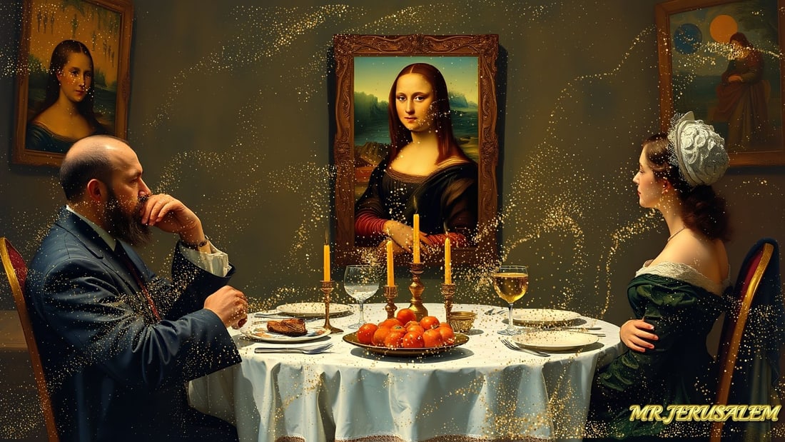 Gustav Klimt - Dinner With Mona Lisa-D1, Limited Edition of 50 Pieces, Signed & Numbered: Please note the images you see here for the artworks is protected with artist name in gold & gold glitter watermark. The original artworks will be unique and one-of-a-kind, hand painted with glue