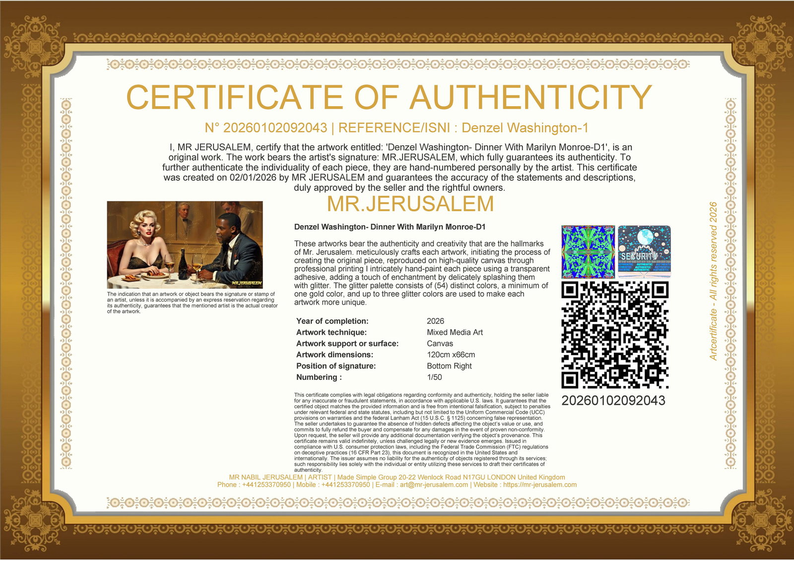 Denzel Washington - Dinner With Marilyn Monroe-D1, Limited Edition of 50 Pieces, Signed & Numbered - 3