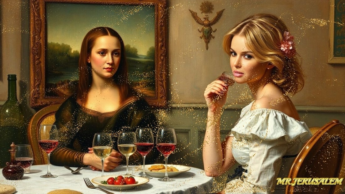 Amanda Holden - Dinner With Mona Lisa- D2, Limited Edition of 50 Pieces, Signed & Numbered: Please note the images you see here for the artworks is protected with artist name in gold & gold glitter watermark. The original artworks will be unique and one-of-a-kind, hand painted with glue 