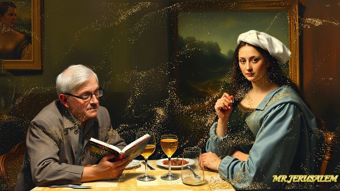 David Hockney - Dinner With Mona Lisa-D2, Limited Edition of 50 Pieces, Signed & Numbered: Please note the images you see here for the artworks is protected with artist name in gold & gold glitter watermark. The original artworks will be unique and one-of-a-kind, hand painted with glue