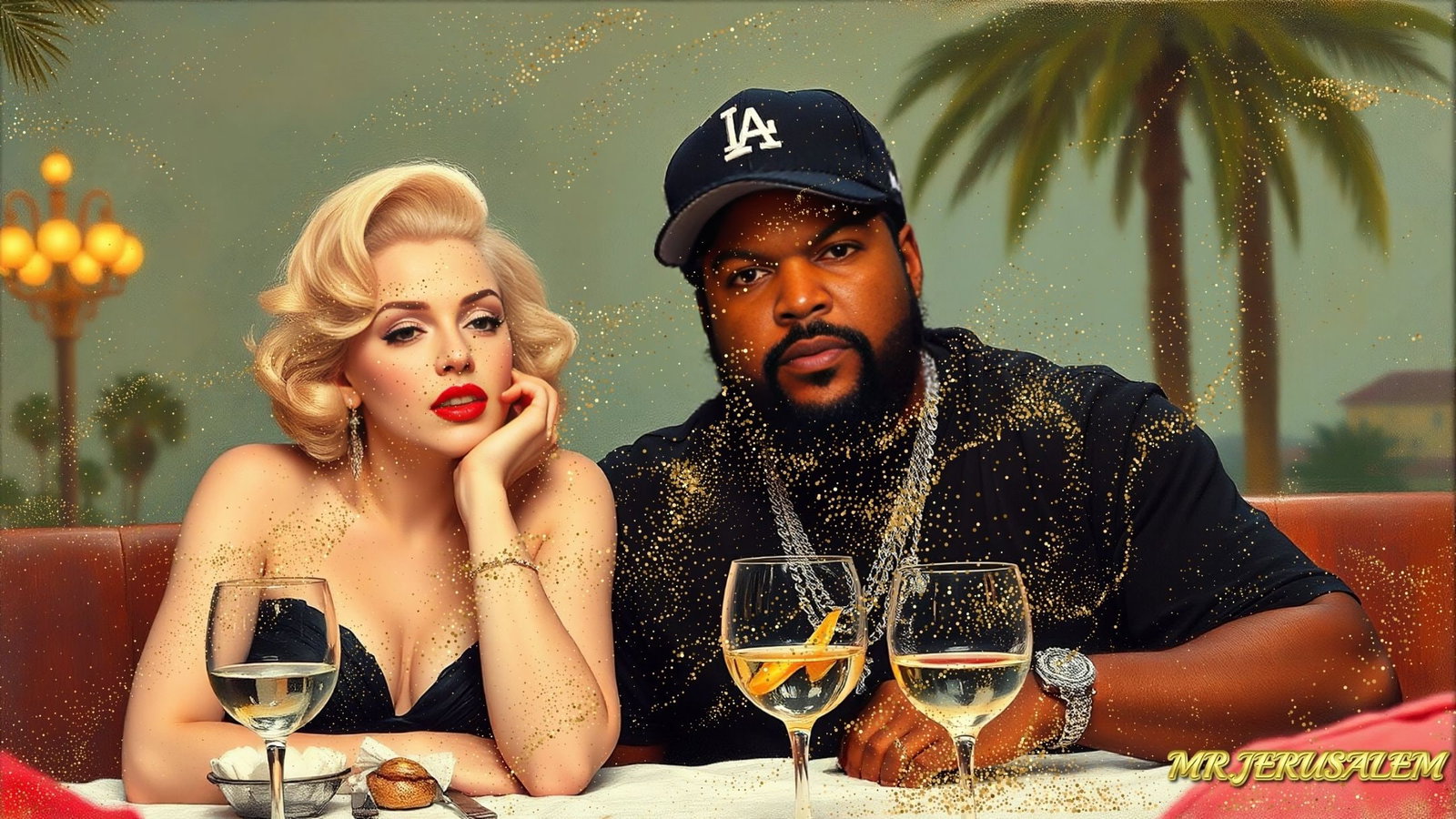 Ice Cube - Dinner With Marilyn Monroe-D1, Limited Edition of 50 Pieces, Signed & Numbered: Please note the images you see here for the artworks is protected with artist name in gold & gold glitter watermark. The original artworks will be unique and one-of-a-kind, hand painted with glue