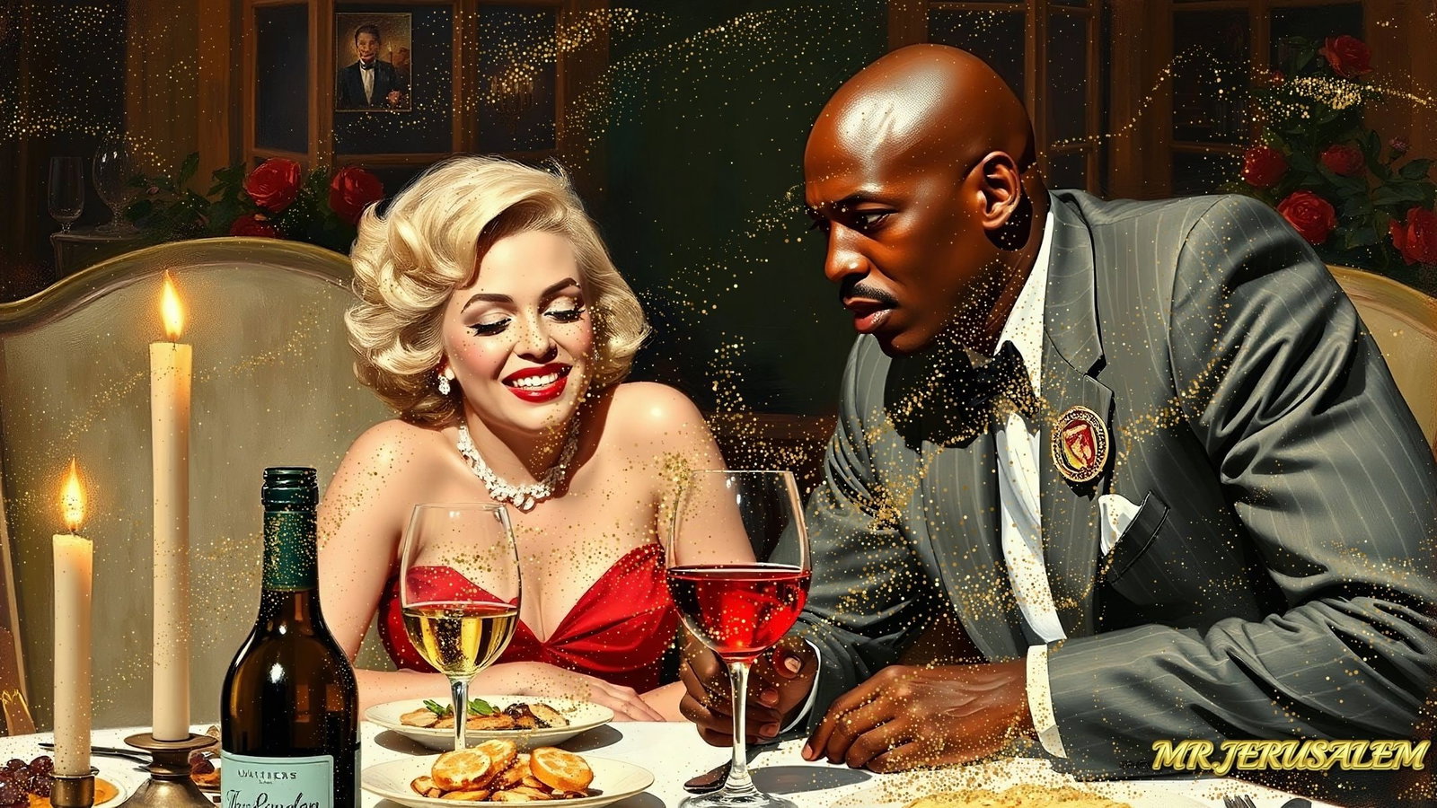 Michael Jordan - Dinner With Marilyn Monroe-D1, Limited Edition of 50 Pieces, Signed & Numbered: Please note the images you see here for the artworks is protected with artist name in gold & gold glitter watermark. The original artworks will be unique and one-of-a-kind, hand painted with glue 
