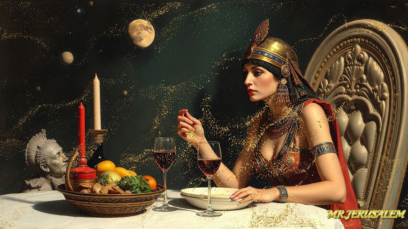 Cleopatra Dinner Alone, Canvas Mixed Media, Limited Edition of 50 Pieces: Please note the images you see here for the artworks is protected with artist name in gold & gold glitter watermark. The original artworks will be unique and one-of-a-kind, hand painted with glue