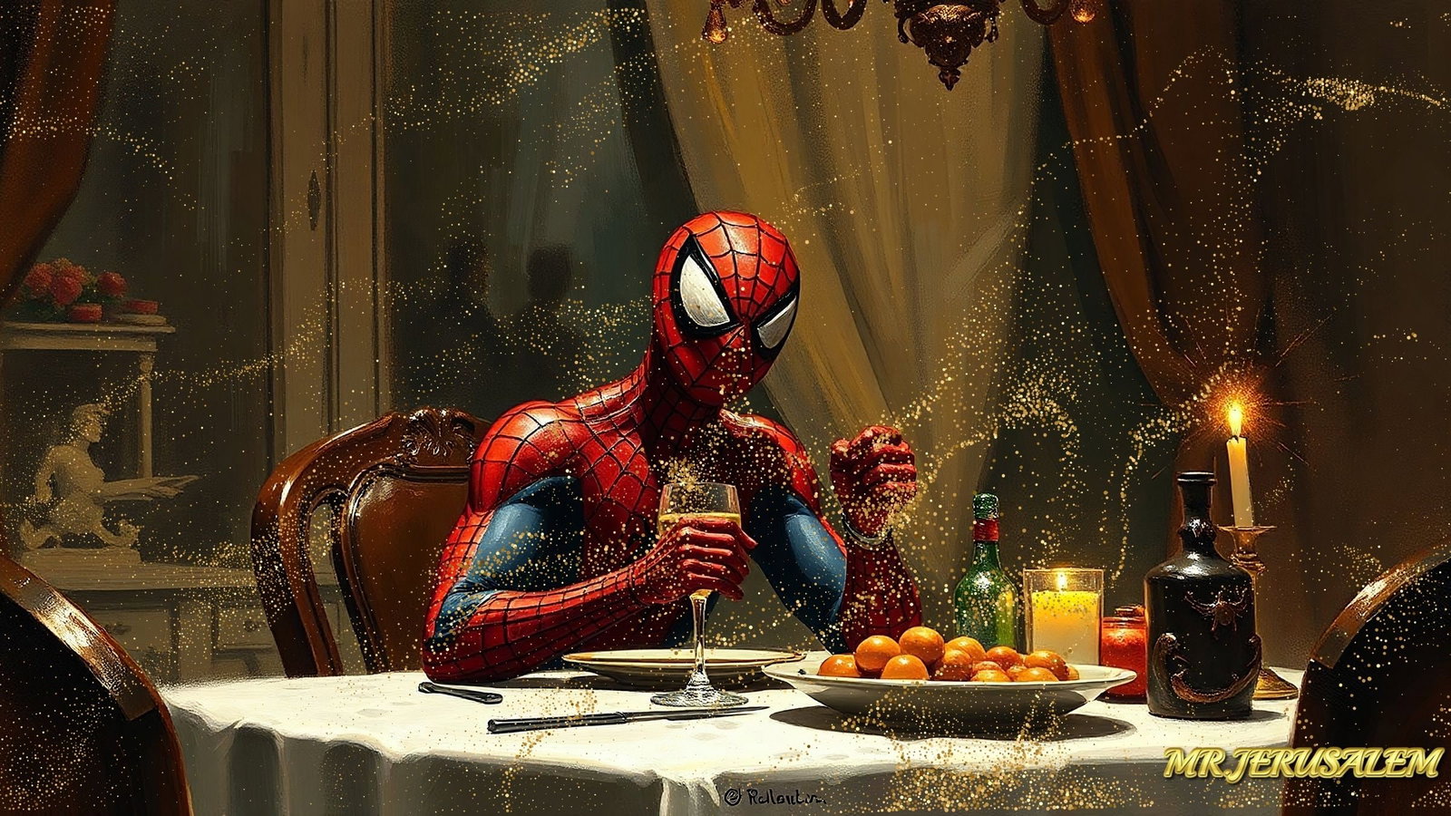 Spiderman Dinner Alone-D1, Canvas Mixed Media, Limited Edition of 50 Pieces: Please note the images you see here for the artworks is protected with artist name in gold & gold glitter watermark. The original artworks will be unique and one-of-a-kind, hand painted with glue