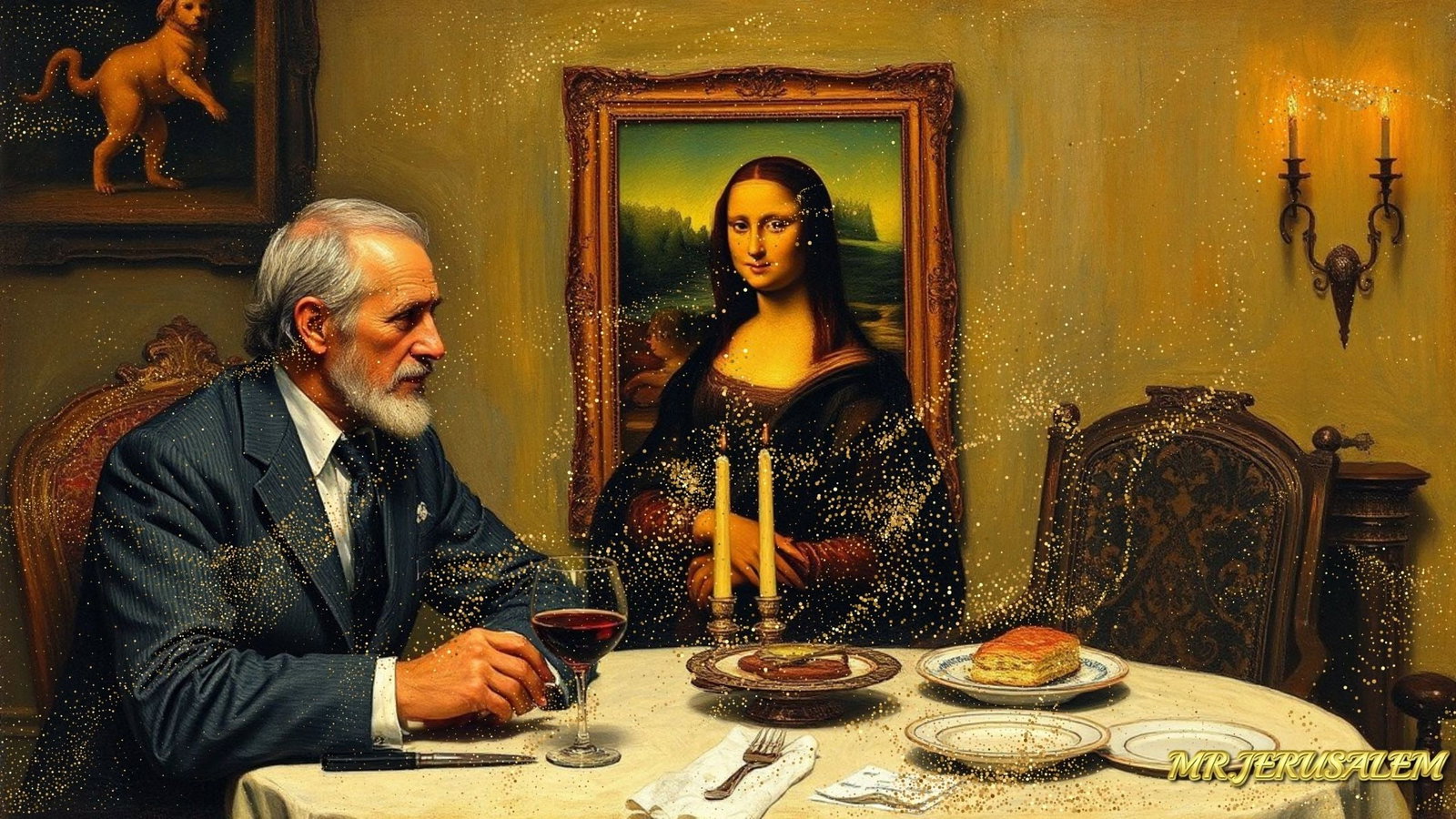 Max Ernst - Dinner With Mona Lisa-D1, Limited Edition of 50 Pieces, Signed & Numbered: Please note the images you see here for the artworks is protected with artist name in gold & gold glitter watermark. The original artworks will be unique and one-of-a-kind, hand painted with glue 
