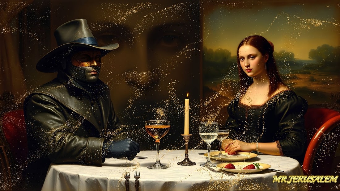 Zorro - Dinner With Mona Lisa-D1, Limited Edition of 50 Pieces, Signed & Numbered: Please note the images you see here for the artworks is protected with artist name in gold & gold glitter watermark. The original artworks will be unique and one-of-a-kind, hand painted with glue