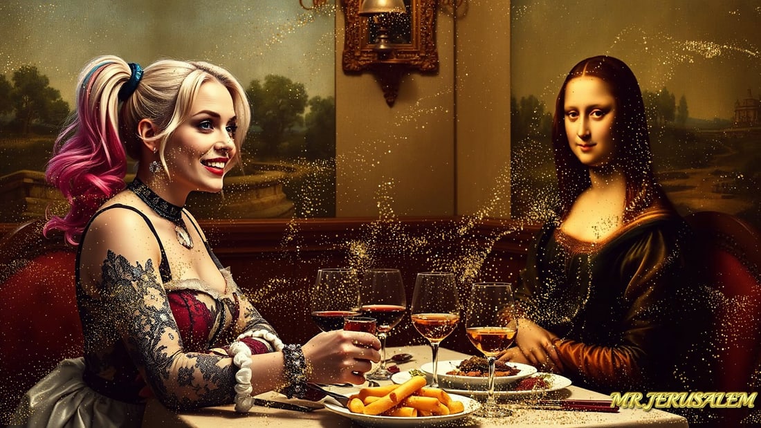 Harley Quinn - Dinner With Mona Lisa-D2, Limited Edition of 50 Pieces, Signed & Numbered: Please note the images you see here for the artworks is protected with artist name in gold & gold glitter watermark. The original artworks will be unique and one-of-a-kind, hand painted with glue