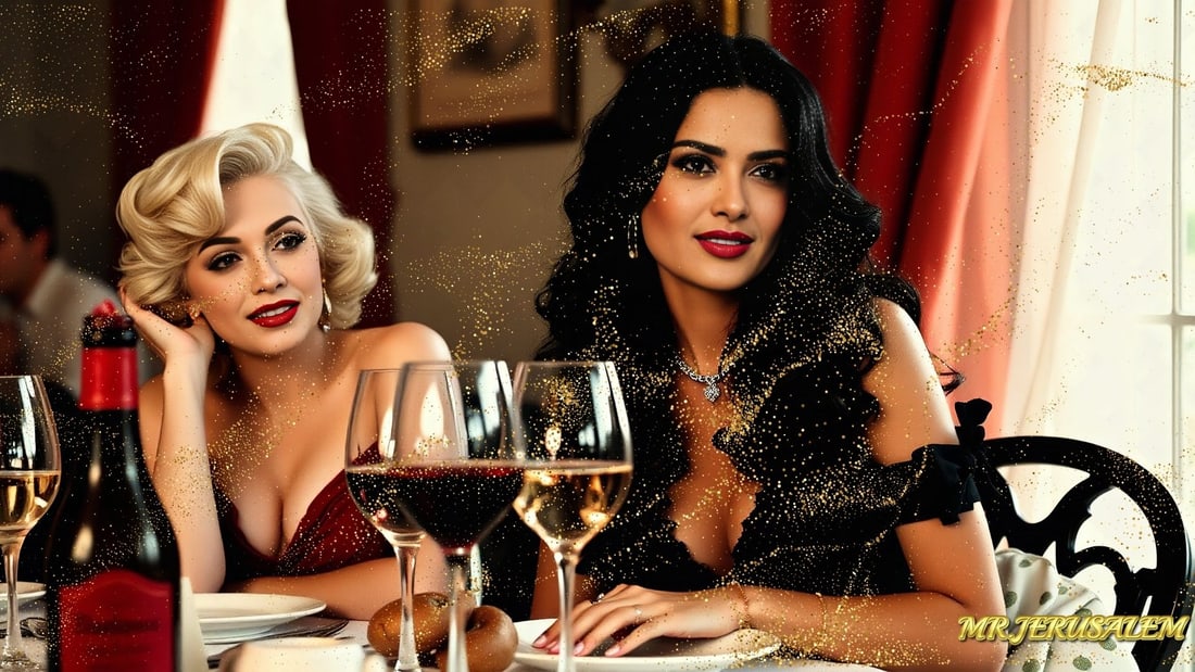 Salma Hayek - Dinner With Marliyn Monroe-D1, Limited Edition of 50 Pieces, Signed & Numbered: Please note the images you see here for the artworks is protected with artist name in gold & gold glitter watermark. The original artworks will be unique and one-of-a-kind, hand painted with glue