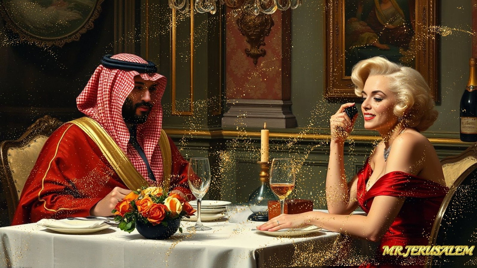 Mohammed bin Salman - Dinner With Marilyn Monroe-D2, Limited Edition of 50 Pieces, Signed & Numbere: Please note the images you see here for the artworks is protected with artist name in gold & gold glitter watermark. The original artworks will be unique and one-of-a-kind, hand painted with glue