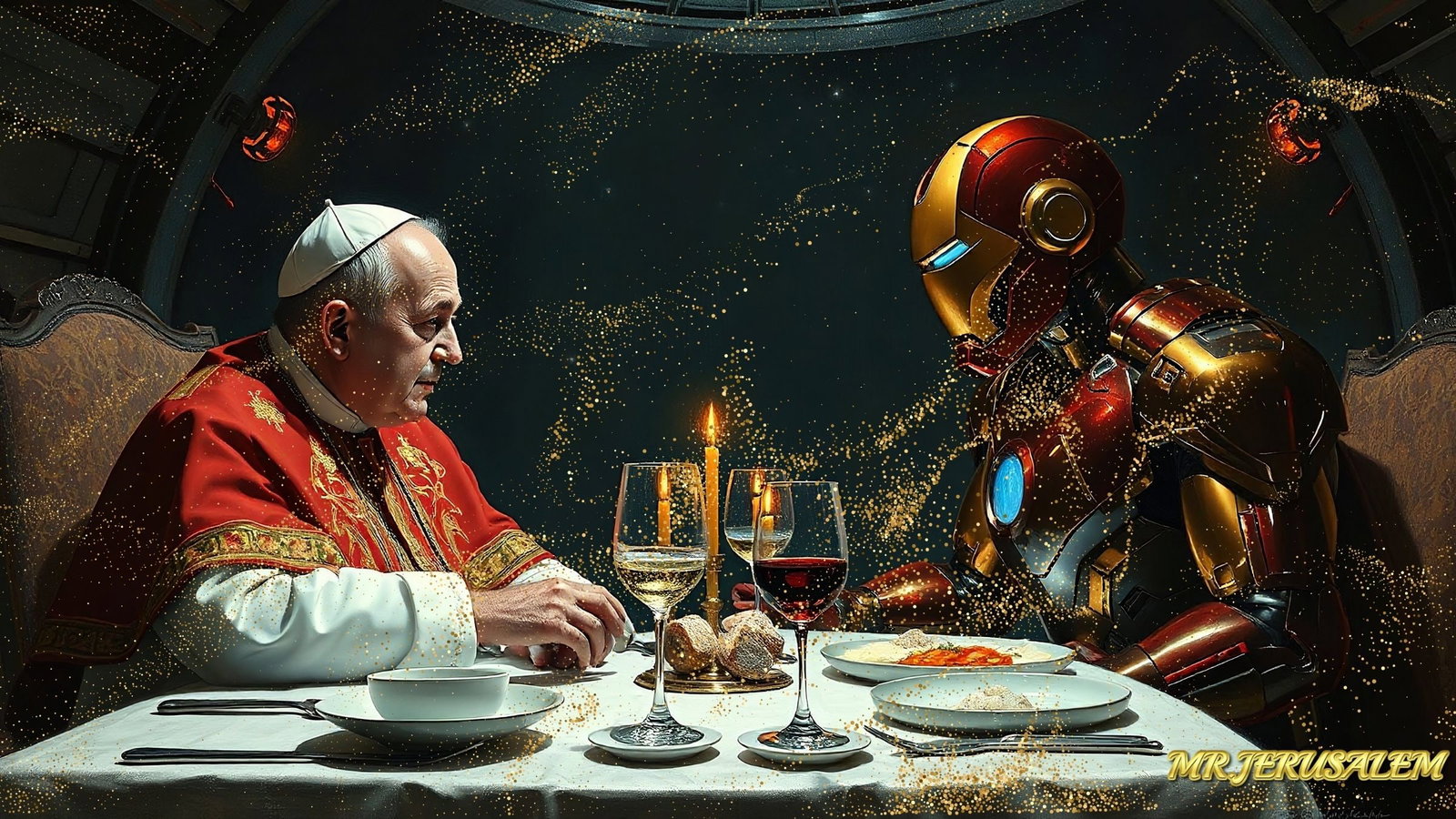 Pope Francis- Dinner With Ironman, Mixed Media, Limited Edition of 50 Pieces, Signed & Numbered,: Please note the images you see here for the artworks is protected with artist name in gold & gold glitter watermark. The original artworks will be unique and one-of-a-kind, hand painted with glue