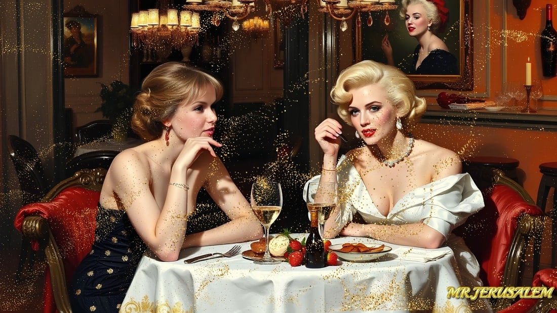 Amanda Holden - Dinner With Marilyn Monroe- D2, Limited Edition of 50 Pieces, Signed & Numbered: Please note the images you see here for the artworks is protected with artist name in gold & gold glitter watermark. The original artworks will be unique and one-of-a-kind, hand painted with glue