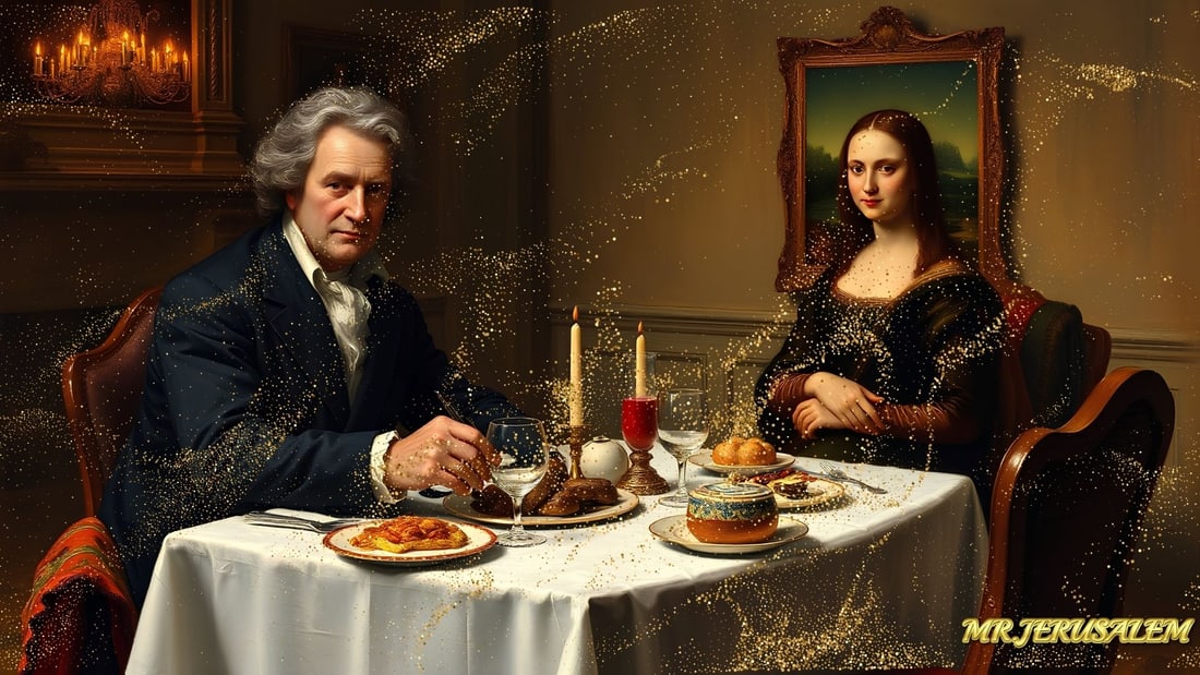 Beethoven - Dinner With Mona Lisa- D2, Limited Edition of 50 Pieces,, Signed & Numbered: Please note the images you see here for the artworks is protected with artist name in gold & gold glitter watermark. The original artworks will be unique and one-of-a-kind, hand painted with glue