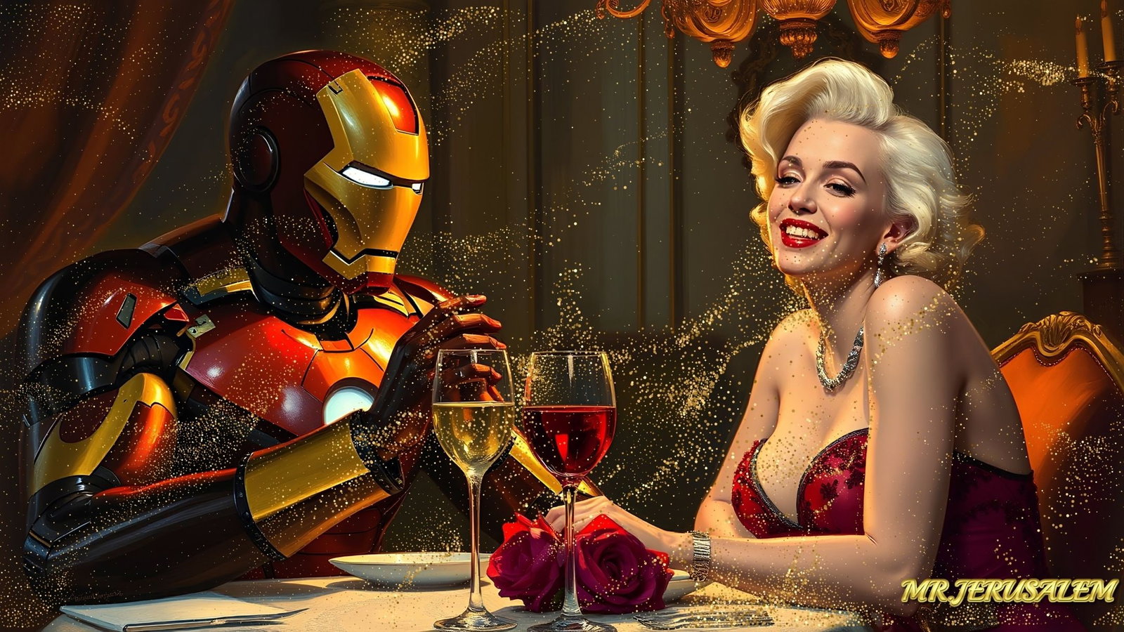 Ironman - Dinner With Marilyn Monroe-D1, Limited Edition of 50 Pieces, Signed & Numbered: Please note the images you see here for the artworks is protected with artist name in gold & gold glitter watermark. The original artworks will be unique and one-of-a-kind, hand painted with glue