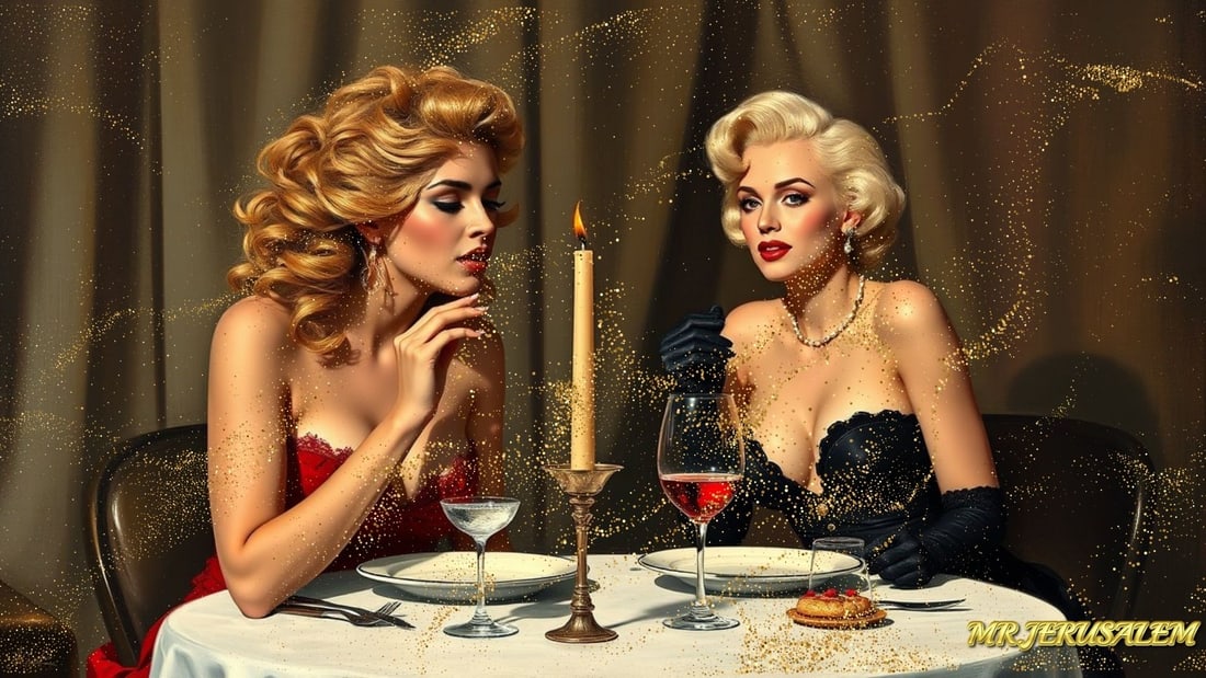 Shakira - Dinner With Marliyn Monroe-D1, Limited Edition of 50 Pieces, Signed & Numbered: Please note the images you see here for the artworks is protected with artist name in gold & gold glitter watermark. The original artworks will be unique and one-of-a-kind, hand painted with glue