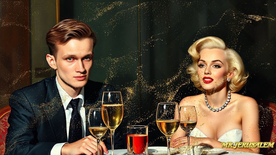 Vitalik Buterin - Dinner With Marliyn Monroe-D1, Limited Edition of 50 Pieces, Signed & Numbered: Please note the images you see here for the artworks is protected with artist name in gold & gold glitter watermark. The original artworks will be unique and one-of-a-kind, hand painted with glue
