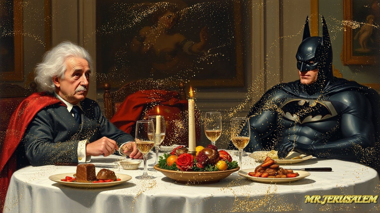 Albert Einstein Dinner With Batman, Canvas Mixed Media, Limited Edition of 50 Pieces: Please note the images you see here for the artworks is protected with artist name in gold & gold glitter watermark. The original artworks will be unique and one-of-a-kind, hand painted with glue