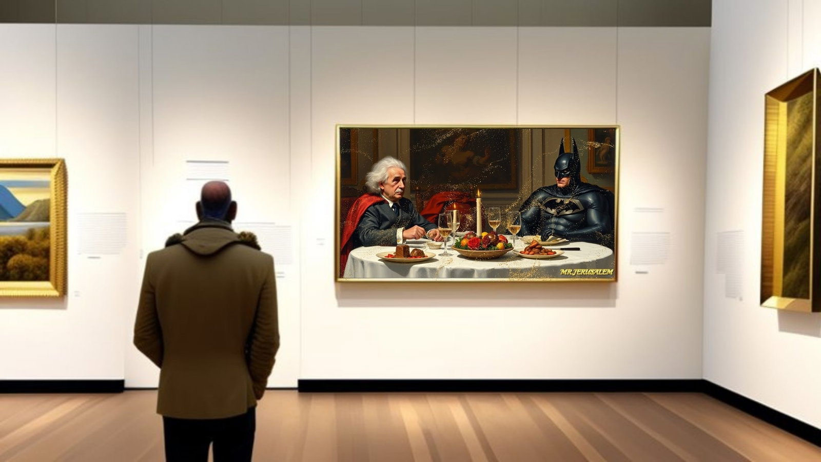 Albert Einstein Dinner With Batman, Canvas Mixed Media, Limited Edition of 50 Pieces - 2