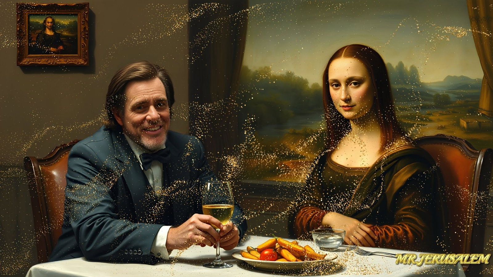 Jim Carrey - Dinner With Mona Lisa-D1, Limited Edition of 50 Pieces, Signed & Numbered: Please note the images you see here for the artworks is protected with artist name in gold & gold glitter watermark. The original artworks will be unique and one-of-a-kind, hand painted with glue
