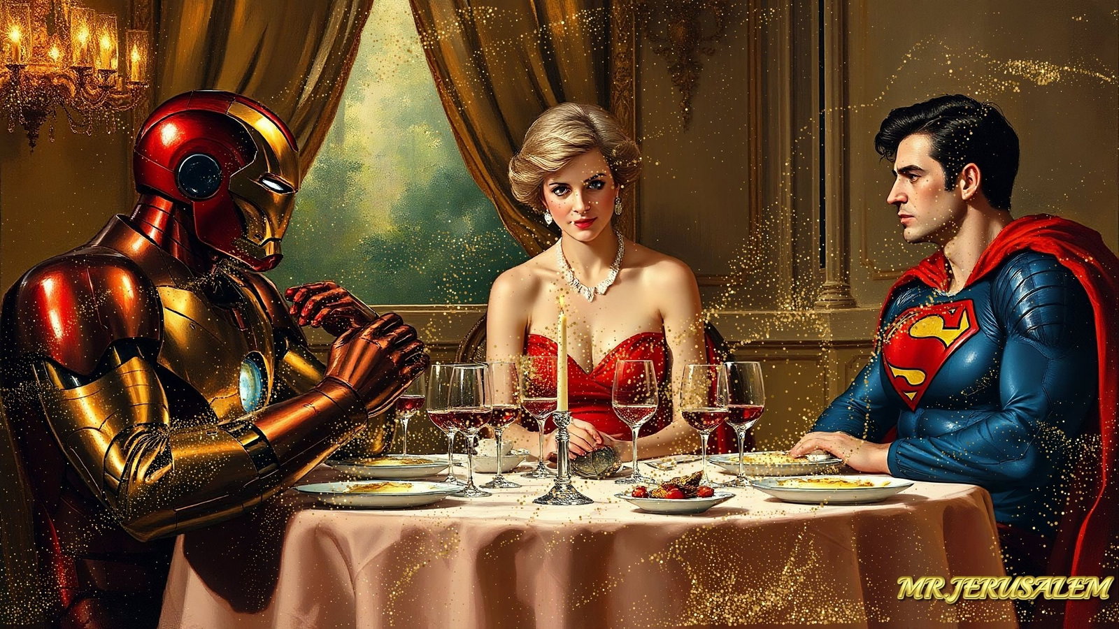Princess Diana- Dinner With Superman & Ironman-D1, Mix Midea, Edition of 50, Signed and numbered,: Please note the images you see here for the artworks is protected with artist name in gold & gold glitter watermark. The original artworks will be unique and one-of-a-kind, hand painted with glue