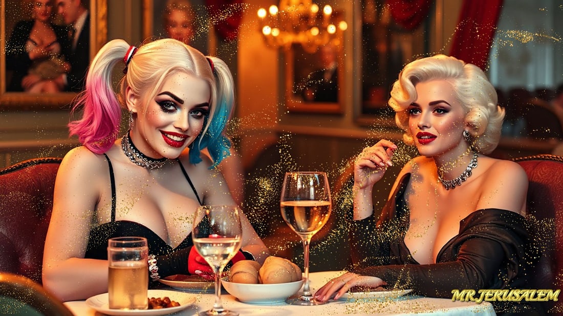 Harley Quinn - Dinner With Marilyn Monroe-D1, Limited Edition of 50 Pieces, Signed & Numbered: Please note the images you see here for the artworks is protected with artist name in gold & gold glitter watermark. The original artworks will be unique and one-of-a-kind, hand painted with glue