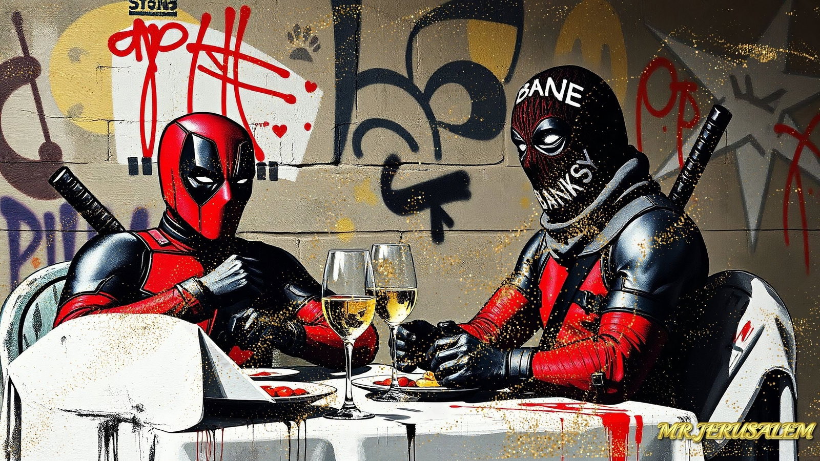 Banksy Dinner With Deadpool-D1, Canvas Mixed Media, Limited Edition of 50 Pieces: Please note the images you see here for the artworks is protected with artist name in gold & gold glitter watermark. The original artworks will be unique and one-of-a-kind, hand painted with glue
