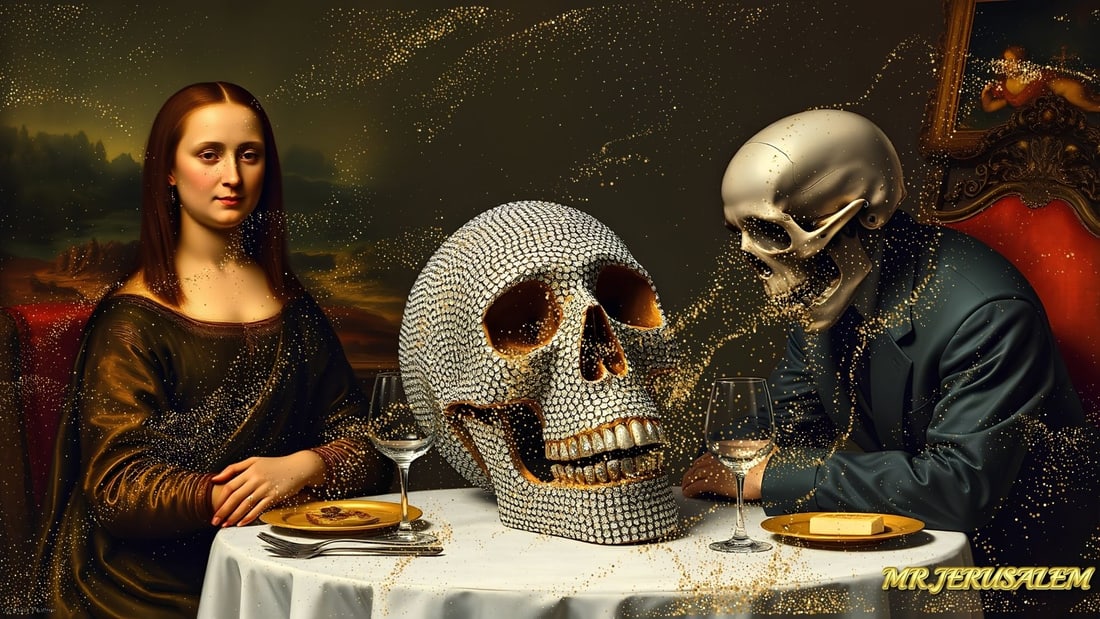 Damien Hirst - Dinner With Mona Lisa-D2, Limited Edition of 50 Pieces, Signed & Numbered: Please note the images you see here for the artworks is protected with artist name in gold & gold glitter watermark. The original artworks will be unique and one-of-a-kind, hand painted with glue 