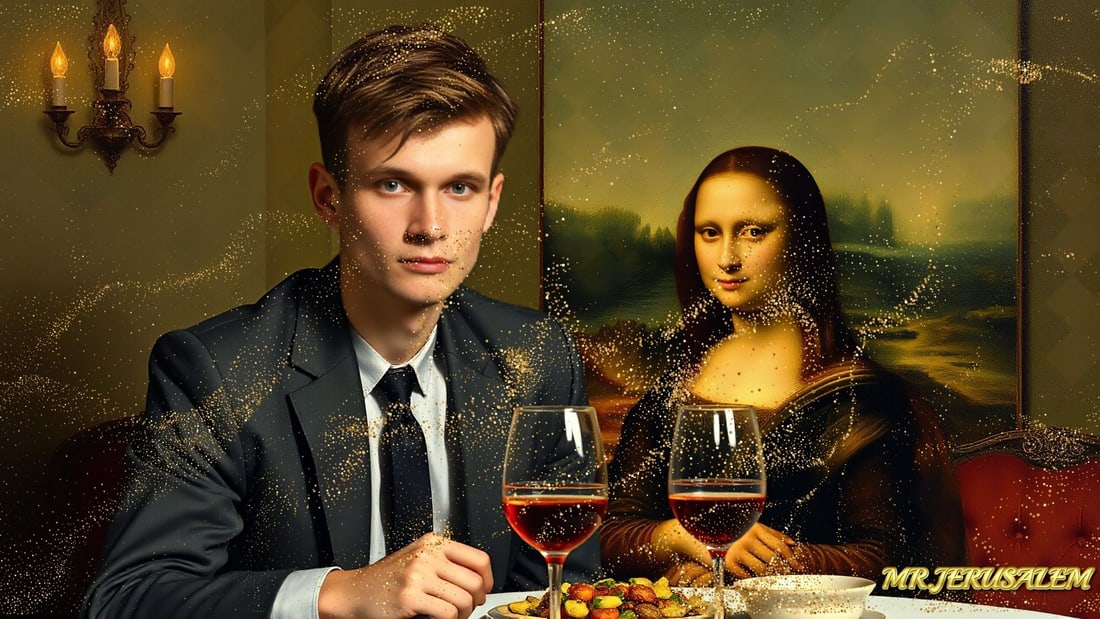 Vitalik Buterin - Dinner With Mona Lisa-D1, Limited Edition of 50 Pieces, Signed & Numbered: Please note the images you see here for the artworks is protected with artist name in gold & gold glitter watermark. The original artworks will be unique and one-of-a-kind, hand painted with glue