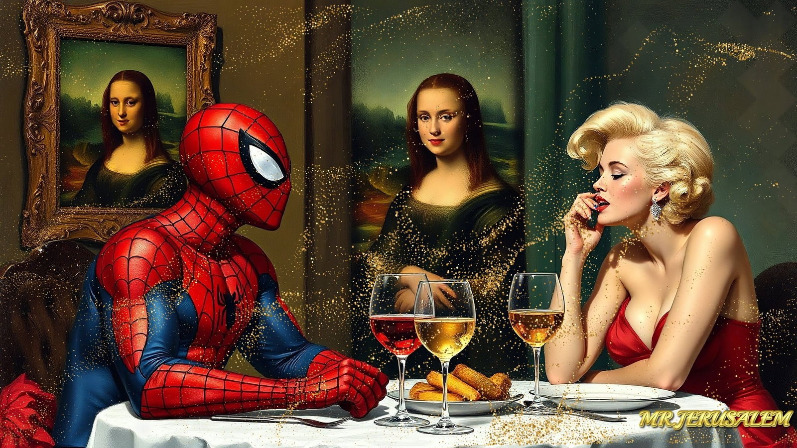 Spiderman Dinner With Mona Lisa & Marilyn Monroe-D1, Limited Edition of 50 Pieces: Please note the images you see here for the artworks is protected with artist name in gold & gold glitter watermark. The original artworks will be unique and one-of-a-kind, hand painted with glue