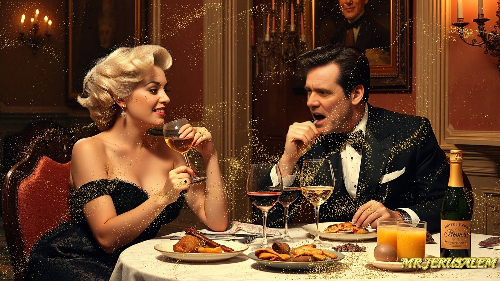 Jim Carrey - Dinner With Marilyn Monroe-D1, Limited Edition of 50 Pieces, Signed & Numbered: Please note the images you see here for the artworks is protected with artist name in gold & gold glitter watermark. The original artworks will be unique and one-of-a-kind, hand painted with glue