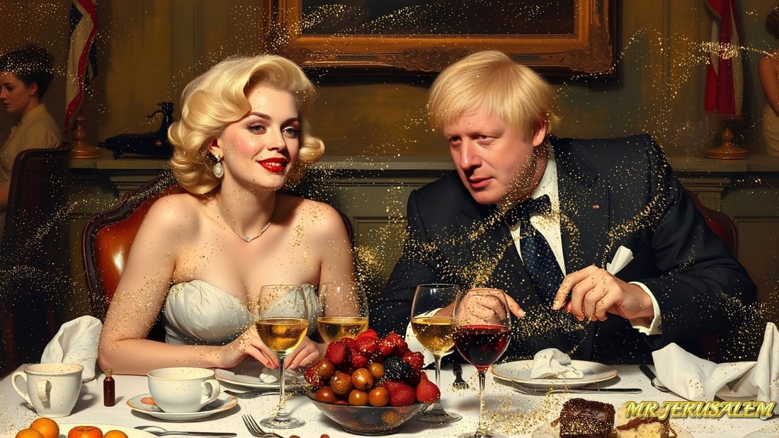Boris Johnson - Dinner With Marilyn Monroe-D2, Limited Edition of 50 Pieces, Signed & Numbered: Please note the images you see here for the artworks is protected with artist name in gold & gold glitter watermark. The original artworks will be unique and one-of-a-kind, hand painted with glue 