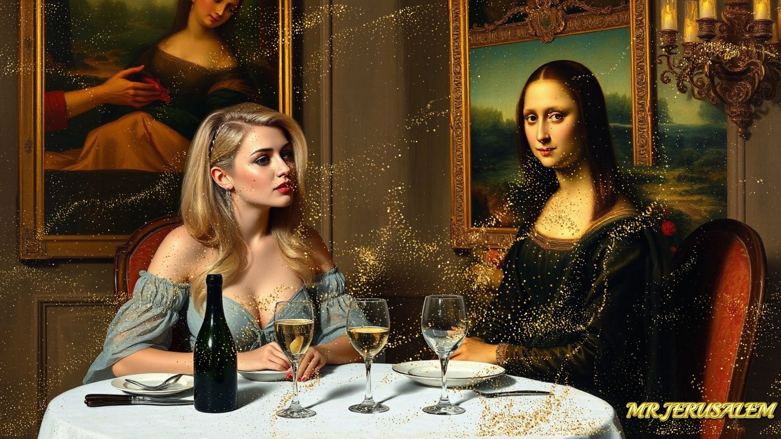 Paris Hilton - Dinner With Mona Lisa-D2, Limited Edition of 50 Pieces, Signed & Numbered: Please note the images you see here for the artworks is protected with artist name in gold & gold glitter watermark. The original artworks will be unique and one-of-a-kind, hand painted with glue