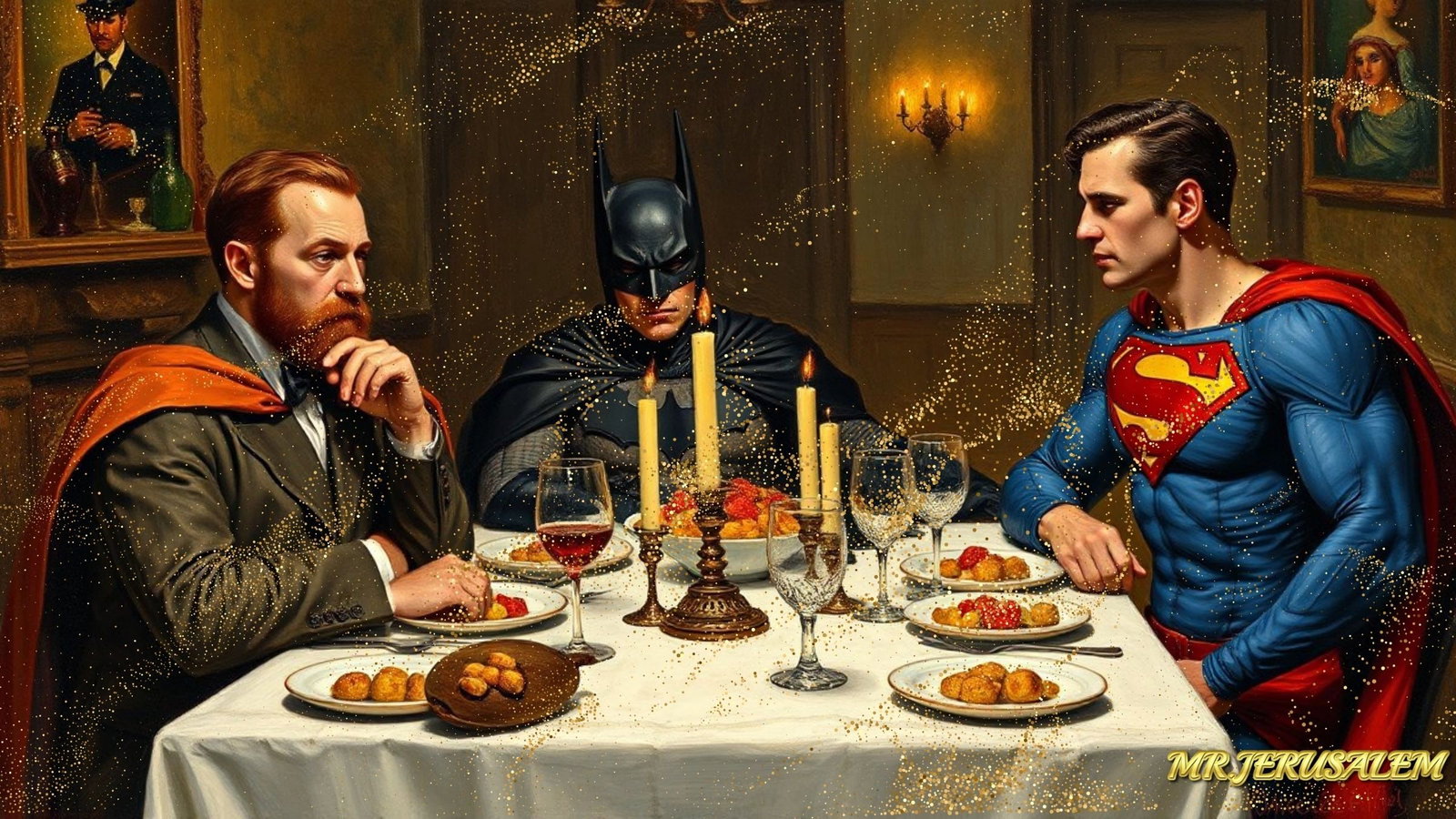 Vincent Van Gogh Dinner With Batman & Superman, Limited Edition of 50 Pieces: Please note the images you see here for the artworks is protected with artist name in gold & gold glitter watermark. The original artworks will be unique and one-of-a-kind, hand painted with glue 