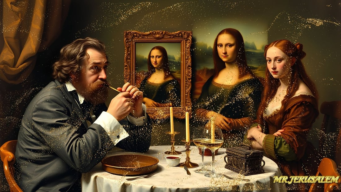 Charles Dickens - Dinner With Mona Lisa-D2, Limited Edition of 50 Pieces, Signed & Numbered: Please note the images you see here for the artworks is protected with artist name in gold & gold glitter watermark. The original artworks will be unique and one-of-a-kind, hand painted with glue