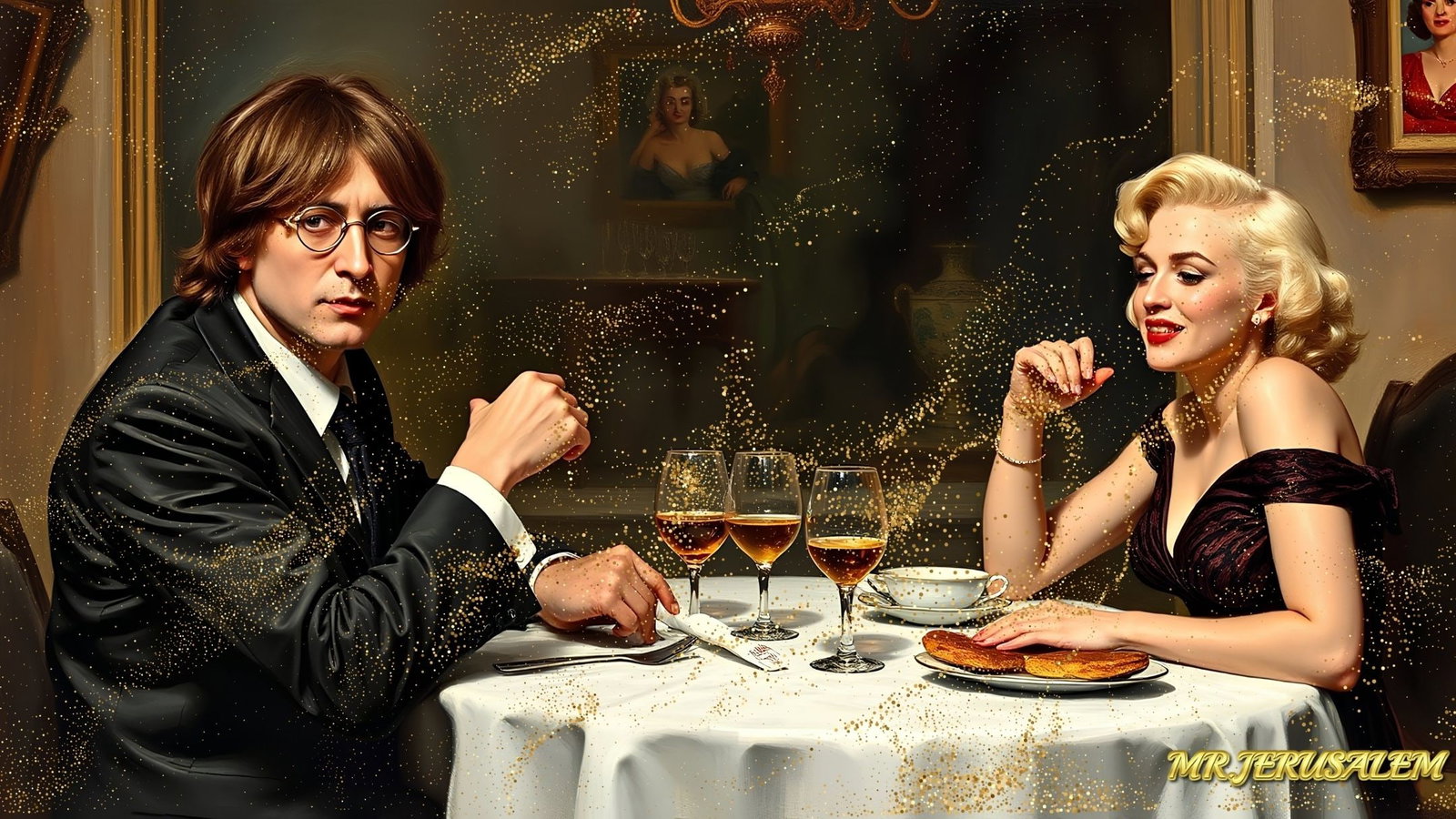 John Lennon - Dinner With Marilyn Monroe-D1, Limited Edition of 50 Pieces, Signed & Numbered: Please note the images you see here for the artworks is protected with artist name in gold & gold glitter watermark. The original artworks will be unique and one-of-a-kind, hand painted with glue 