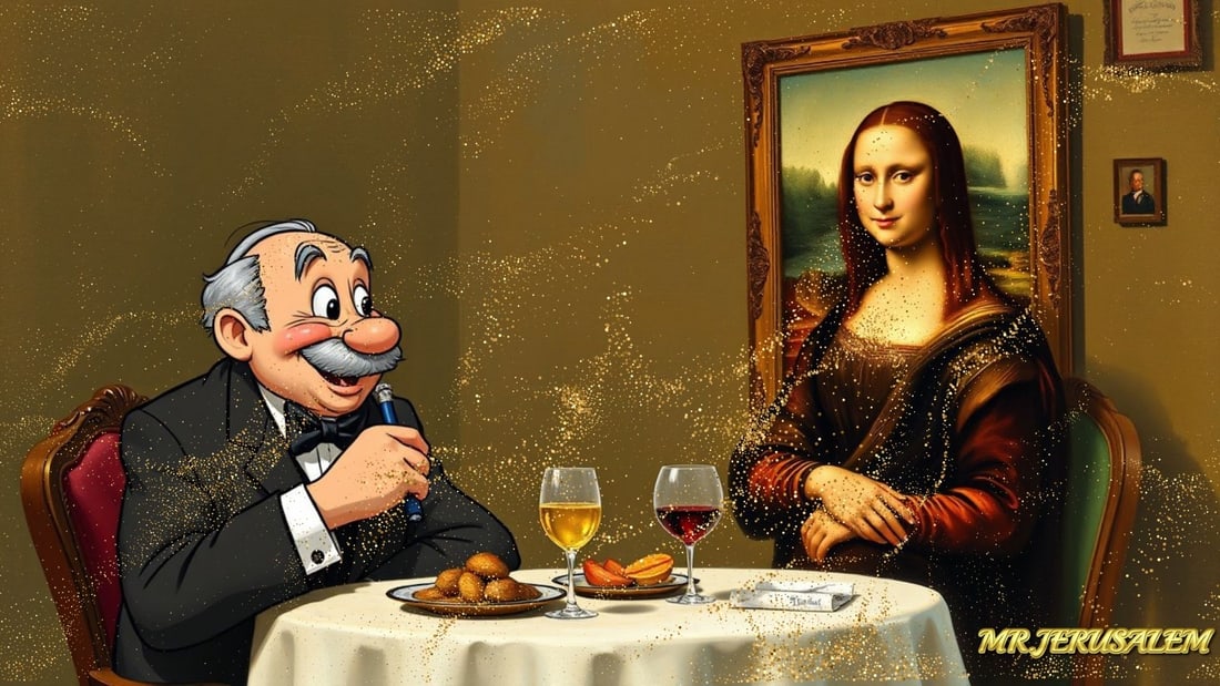Walt Disney - Dinner With Mona Lisa-D1, Limited Edition of 50 Pieces, Signed & Numbered: Please note the images you see here for the artworks is protected with artist name in gold & gold glitter watermark. The original artworks will be unique and one-of-a-kind, hand painted with glue 